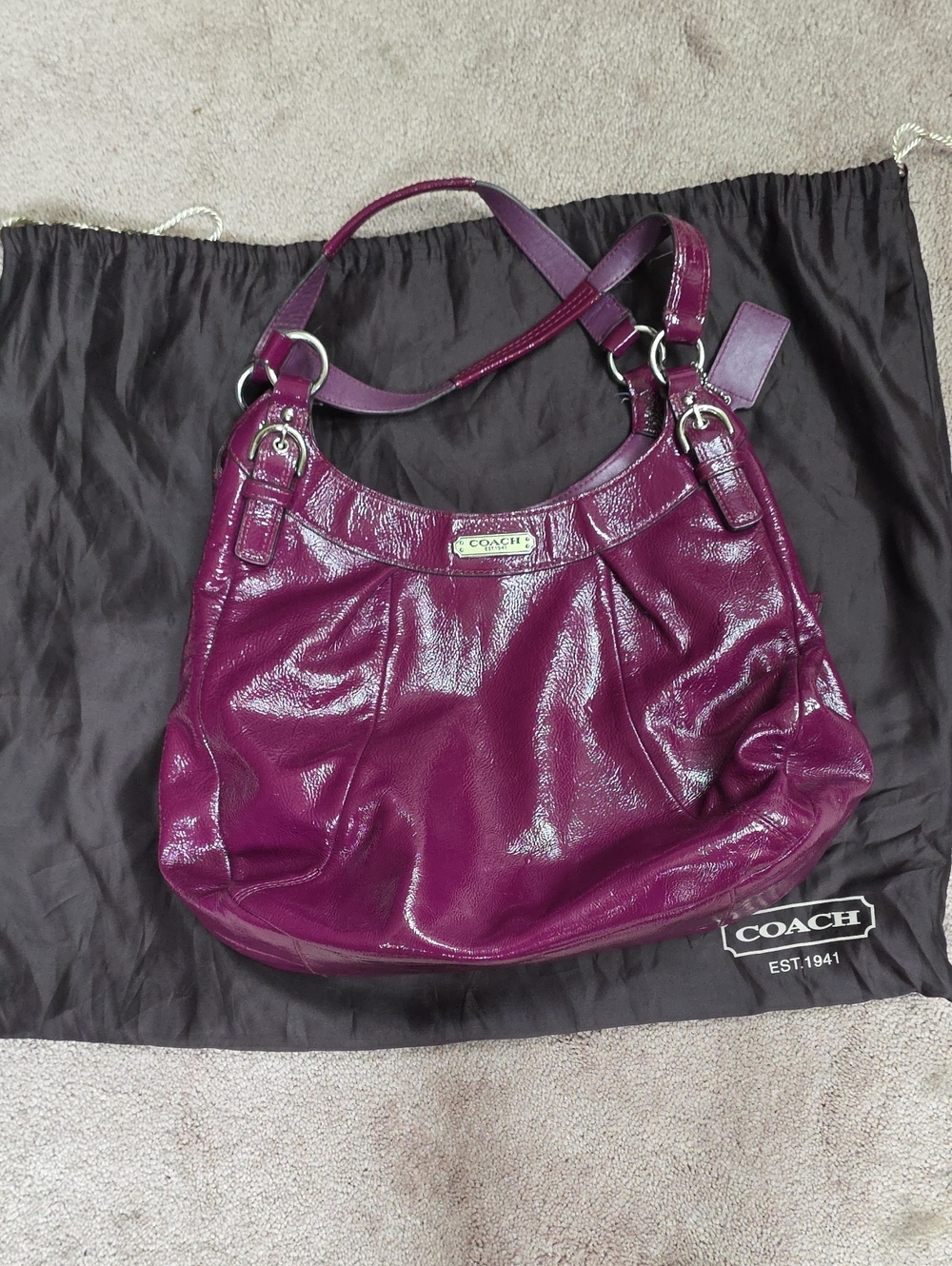 Coach Patent Shoulder Hobo in Deep Plum With Coach Dust Bag Included